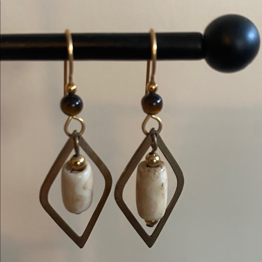 Gold and Beige Dangle Earrings